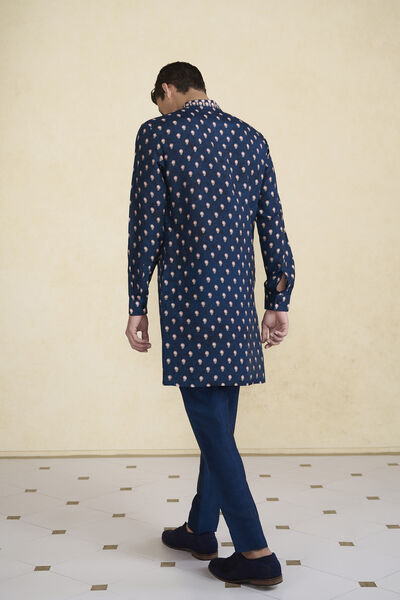 Azraq Printed Silk Kurta - Indigo